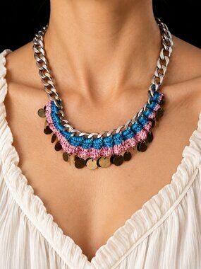 Steve Madden Turquoise Pink Crochet Coin Fringe Statement Necklace